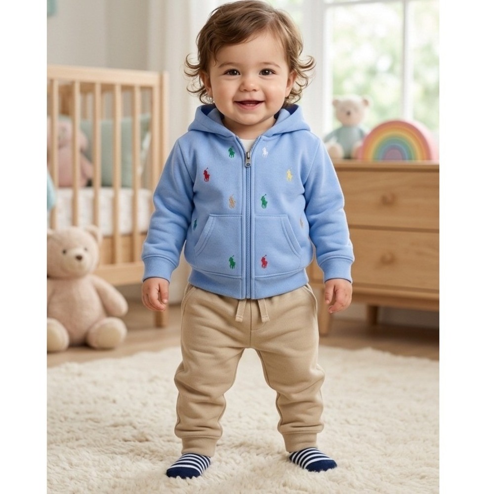 Polo Ralph Lauren Kids Blue Multi Pony Hoodie and Khaki Joggers Unisex Set 24M